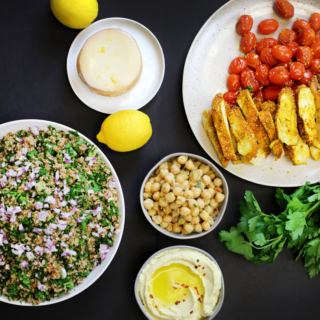 Turmeric Chicken & Tabbouleh Salad, Marinated Chickpeas + Lemon Shortbread Cookies (NF)