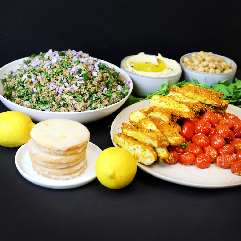 Turmeric Chicken & Tabbouleh Salad, Marinated Chickpeas + Lemon Shortbread Cookies (NF)